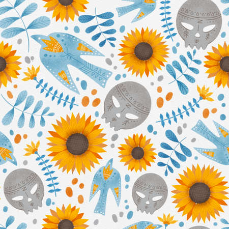Seamless Ethnic Ornamental Pattern with dove of peace and sunflower, the national Ukrainian flower. Hand-painted texture for Fabric, Wrapping Paper, Greeting card Design Template.の写真素材