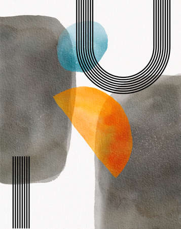 Watercolor nordic abstract poster design. Trendy contemporary art compositions for wall decoration, postcard or brochure cover designの写真素材