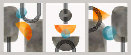 Set of watercolor nordic abstract poster design. Trendy contemporary art compositions for wall decoration, postcard or brochure cover designの写真素材