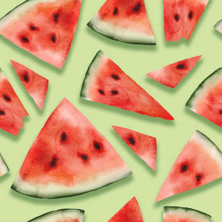 Watermelon summer bright seamless pattern, watercolor realistic juicy bright fruit on green...
