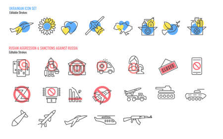 War in Ukraine icon set. Russian invasion, military Concept design elements, Outline style collection for web and mediaのイラスト素材