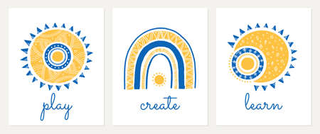 Blue Yellow Boho Rainbow, Sun and Moon. Play, Create, Learn - Motivational Set of baby wall art, nursery modern decoration, poster design. Trendy contemporary art with textのイラスト素材