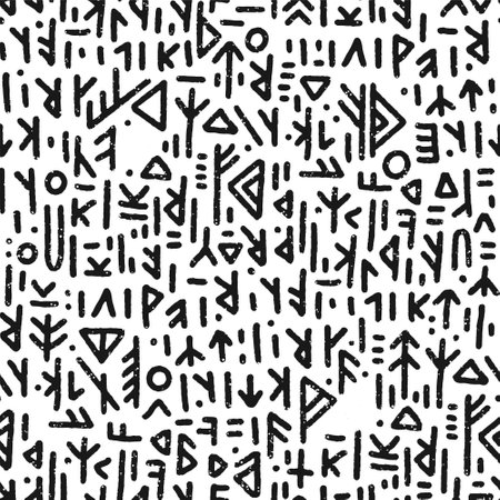 Runic seamless pattern, black white runes - Scandinavian gothic folk art. Ethnic Norwegian Icelandic background. Runic talismans of the Vikings. Magic and magical runes. Pagan signs. Futhark.のイラスト素材