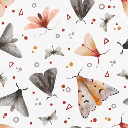 Moth and butterfly watercolor hand painted seamless pattern. Composition with Insects, nature background, design for print, textile, wallpaperの写真素材