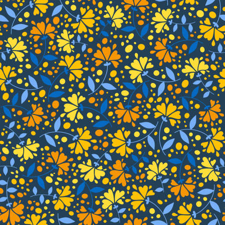 Flower blue yellow seamless pattern, contemporary floral texture with orange flowers on navy background for print, textile, wallpaperのイラスト素材