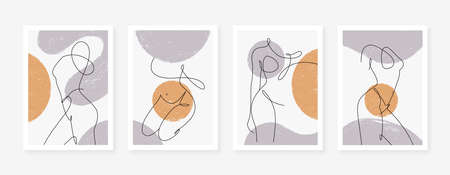Elegant line art of erotic woman figures and abstract shapes. Contemporary poster design of female silhouettes in trendy style for wall decoration, postcard or brochure cover design.のイラスト素材