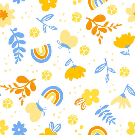 Flower blue yellow seamless pattern, contemporary floral texture with orange flowers on white background for kids, print on textile, wallpaperのイラスト素材