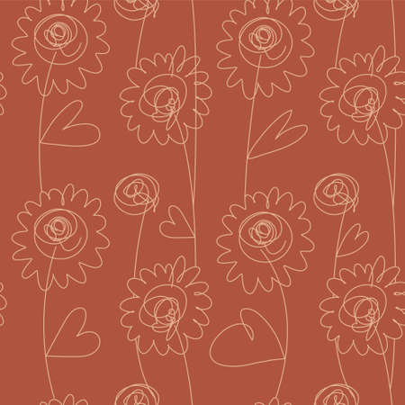 Sunflower Flower meadow, line art seamless pattern with floral ornament on a dark amber red. Endless elegant texture with continuous linear art.のイラスト素材