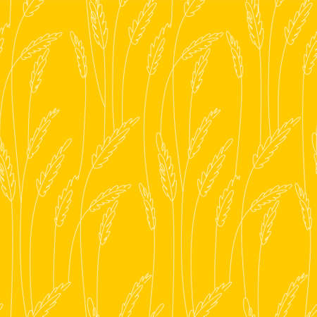 Wheat field, line art seamless pattern with agricultural symbol on a yellow. Endless texture with continuous linear cereals.のイラスト素材