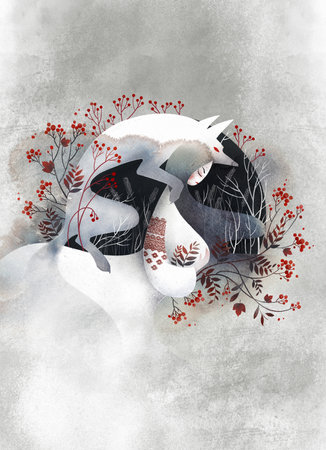 Mother with the White Wolf. Concept Art of a Strong Ukrainian Pregnant Woman who Protects her Future. Wall art printの写真素材