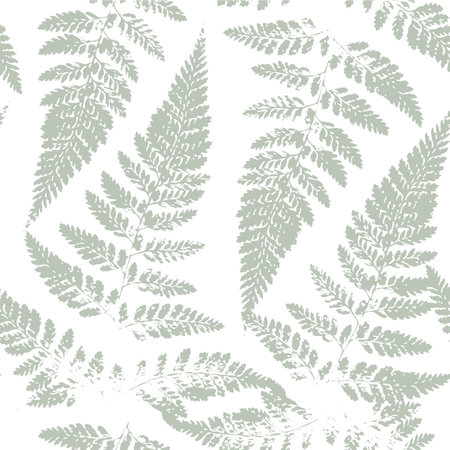 Sage green fern leaves, pale botanical seamless pattern Floral Natural background for packaging, textile print, scrapbooking paper. Vector illustrationのイラスト素材