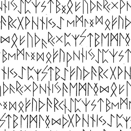 Runic seamless pattern, black white runes - Scandinavian gothic folk art. Ethnic Norwegian Icelandic background. Runes of the Vikings. Magic and magical Pagan signs. Futhark.の写真素材
