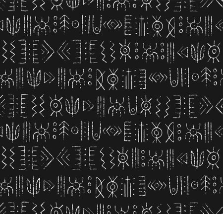 Magic symbols seamless pattern, black white signs - Archaic gothic folk art. Ethnic background. Magic and magical art. Pagan signs.のイラスト素材