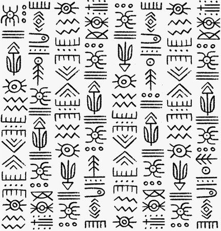 Magic symbols seamless pattern, black white signs - Archaic gothic folk art. Ethnic background. Magic and magical art. Pagan signs.のイラスト素材