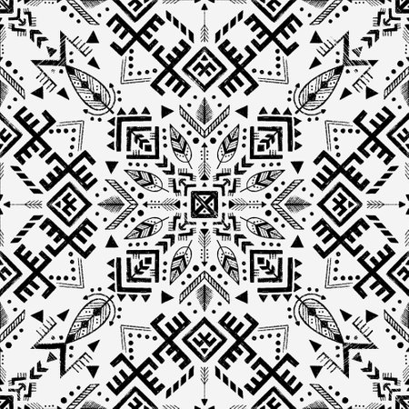 Tribal symbols seamless pattern, black white geometric decor. Archaic folk art. Ethnic background. Magic and magical art. Pagan signs.のイラスト素材