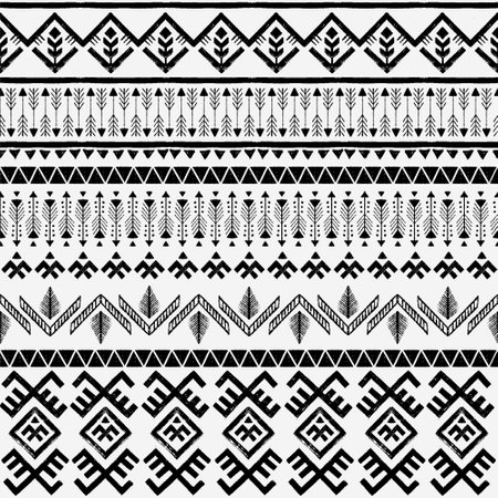 Tribal Seamless pattern, boho border background with ethnic ornament, black and white textureのイラスト素材