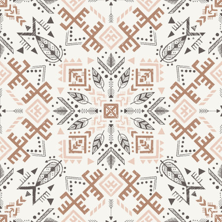 Tribal symbols seamless pattern, black white geometric decor. Archaic folk art. Ethnic background. Magic and magical art. Pagan signs.のイラスト素材