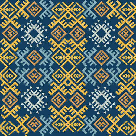 Tribal Seamless pattern, boho geometric background with ethnic ornament. Navy blue and yellow textureのイラスト素材