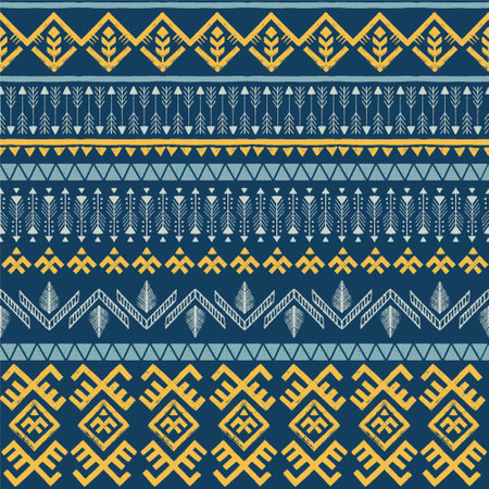 Tribal Seamless pattern, boho border background with ethnic ornament. Navy blue and yellow textureのイラスト素材