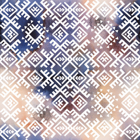 Slavic Seamless pattern, boho geometric background with white ornament. Ethnic beige, brown and navy blue textureの写真素材