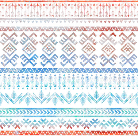 Tribal Seamless pattern, boho border background with ethnic ornament. White, Blue, Red and, brown textureの写真素材