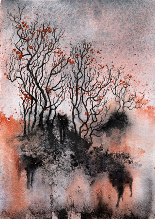 Scary black wolves in the deep dark forest. Creepy black shadows, horror watercolor art. High quality illustrationの写真素材