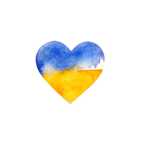 Blue-yellow heart. Ukraine blue and yellow support symbol. Isolated watercolor illustration on whiteの写真素材