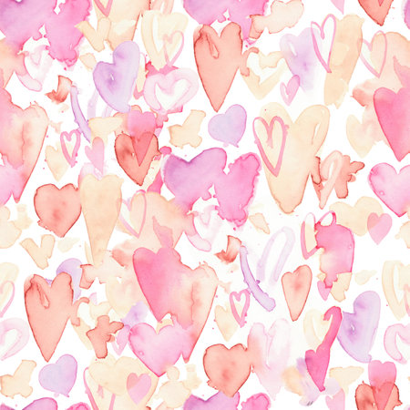 Seamless watercolor pattern with hearts. Pink, red, beige girlish design. Hand-painted romantic texture for packaging, wedding, birthday, Valentines Day, mothers dayの写真素材