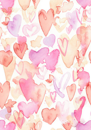 Seamless watercolor pattern with hearts. Pink and red ethereal design. Hand-painted romantic texture for packaging, wedding, birthday, Valentines Day, mothers dayの写真素材