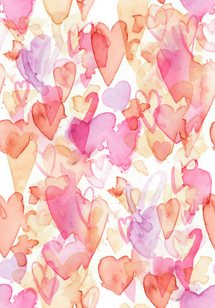Seamless watercolor pattern with hearts. Pink, girlish design. Hand-painted romantic texture for packaging, wedding, birthday, Valentines Day, mothers dayの写真素材