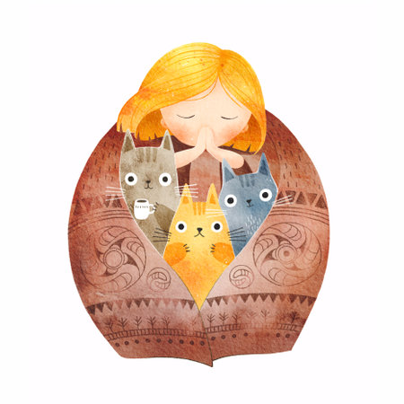 Watercolor illustration of a girl protecting her cats with a warm blanket from the cold. Concept art for cat shelters and charity organizations. Cat for adoptionの写真素材