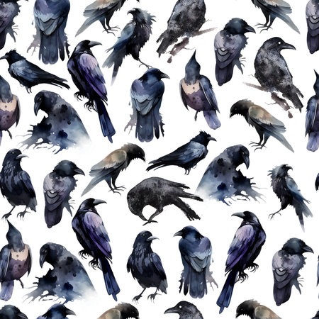 Watercolor Black Ravens Seamless pattern Isolated on White - Gothic Witchcraft Repeatable Backgroundの素材