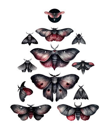 Set of black and red watercolor Moths and butterflies, gloomy style, isolated illustrations created with Generative AI technologyの素材