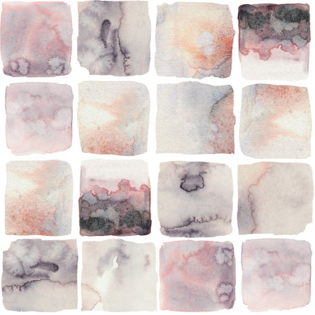 Seamless mosaic watercolor texture. Pink and grey squares background, geometric pattern. White background abstract pattern for contemporary room, modern homeの写真素材