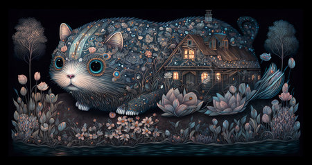 Whimsical Farm with Intricate Cat Illustration decorated with flowers. Super detailed Art with Muted grey colours on black background.の素材