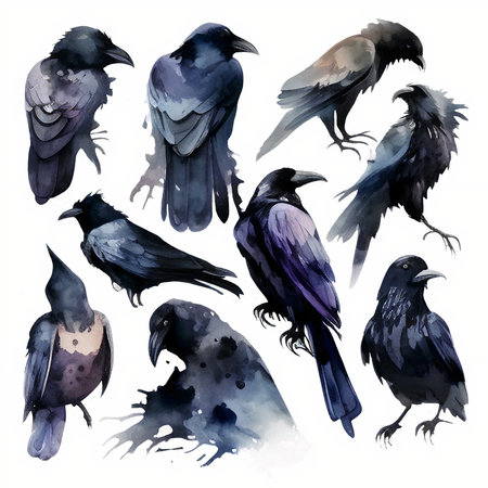 Watercolor Black Ravens, Set of Illustrations Isolated on White - Gothic Witchcraft Artworkの素材
