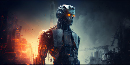 Cyborg robot in a futuristic cyberspace, blending artificial intelligence and human elements, representing the future of technology and digital innovationの素材