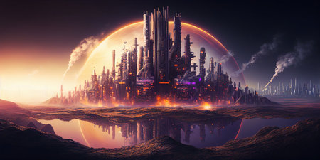 Futuristic city scenery with biotechnology and eco concept, a fantastic post-apocalyptic world, sci fi Biotech Cityscape. Super realistic illustrationの素材