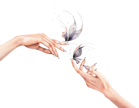 Realistic Elegant Watercolor Hand Illustration with gothic butterflyの写真素材
