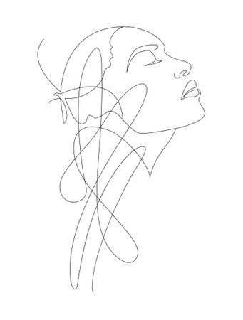 Woman Face Line Art Illustration. Female head Feminine Minimalist Logo, line drawing with abstract expressive linesのイラスト素材