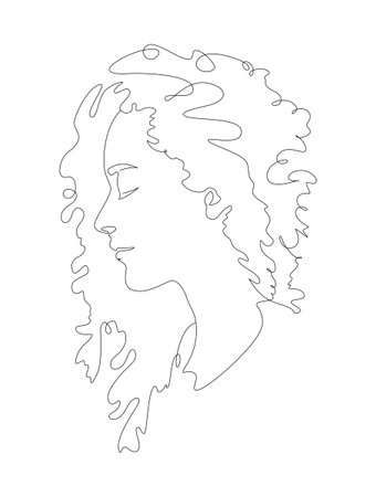 Woman Head with curly hairstyle Line Art Illustration. Female head Feminine Minimalist Logo, line drawing with abstract expressive linesのイラスト素材