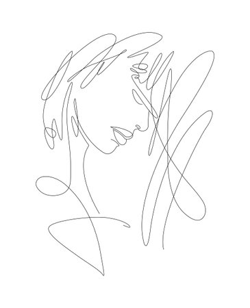 Woman Face Line Art Illustration. Female head Feminine Minimalist Logo, line drawing with abstract expressive linesのイラスト素材