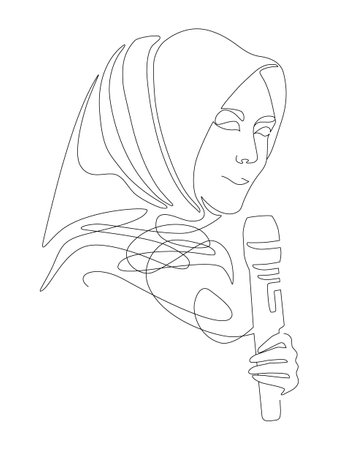Arabic successful woman, Muslim women in hijab with microphone, hand-drawn line art feministic illustration for boutique fashion or businessのイラスト素材