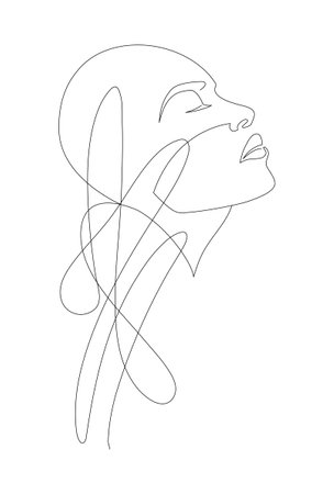 Woman with Bald head Line Art Illustration. Female head Feminine Minimalist Logo, line drawing with abstract expressive linesのイラスト素材