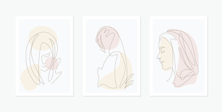 Religious inspirational card set or posters with biblical quotes and praying woman, Line Art Illustration. Blush pinkのイラスト素材