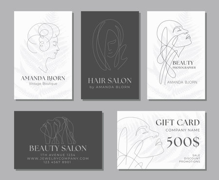Woman Face Card Templates, Set of Line Art Illustrations. Female head Minimalist line design with abstract expressive linesのイラスト素材