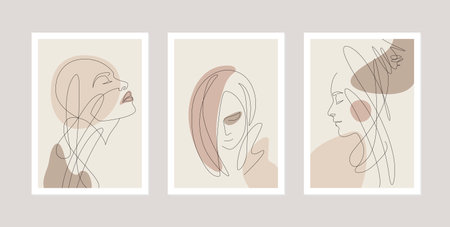 Vintage Fashion Women Wall Art, Card set or Posters with abstract modern female portraits, Line Art Illustration. Blush pinkのイラスト素材