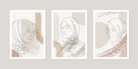 Muslim Women in Hijab, Wall Art, Card set or Posters with abstract Islamic female portraits, Line Art Illustration. Blush pinkのイラスト素材