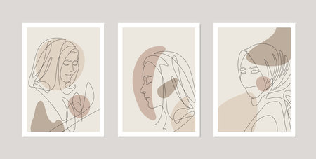 Vintage Muslim Women in Hijab, Wall Art, Card set or Posters with abstract Islamic female portraits, Line Art Illustration. Blush pinkのイラスト素材