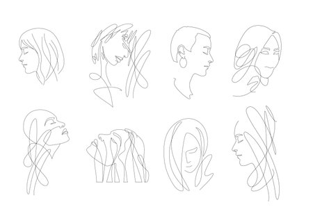 Set of women faces, line art concept, female beauty, vector illustration for beauty salon, fashion industryのイラスト素材